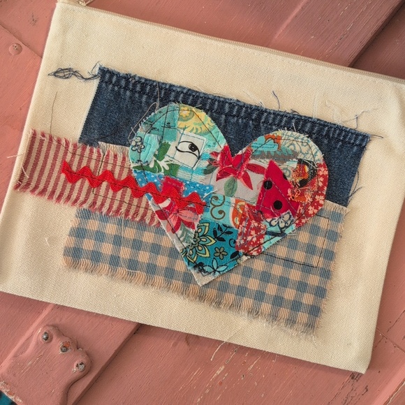 Handmade Handbags - Fabric Heart Zipper Pouch, Canvas Bag w fabric embellishments HANDMADE ITEM